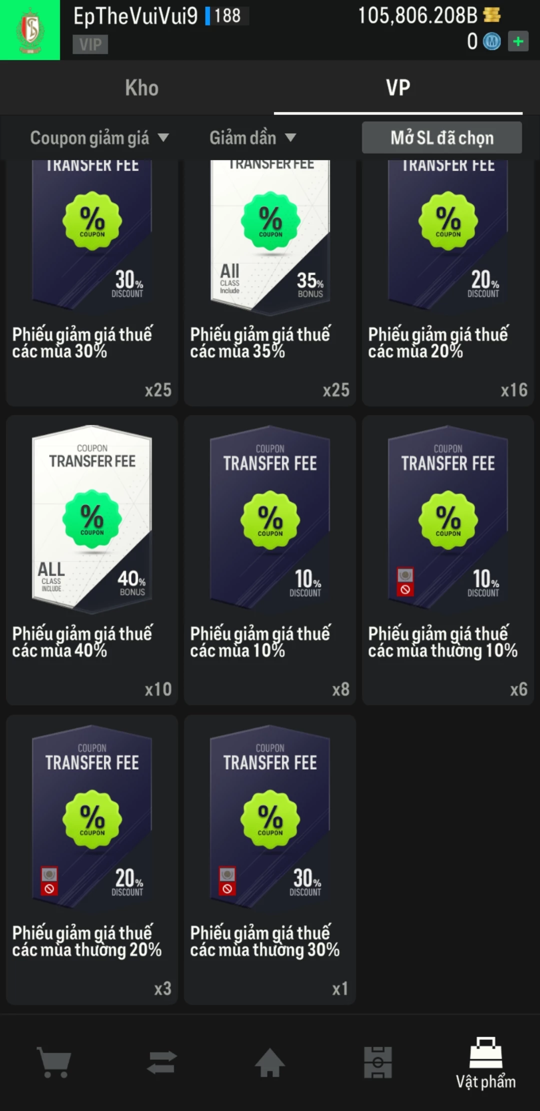 Ảnh ACC mở thẻ (LOẠI SVIP PROMAX) bao gồm có 01 thẻ +12, 03 thẻ PRIME (QH+, CP+, XS+) và hơn 1500+ đến 1600+ thẻ cầu thủ từ Siêu sao đến Miền núi các loại. Acc có sẵn BP trắng từ 90.000 tỷ BP đến 110.000 tỷ BP kèm theo nhiều ngày SVIP